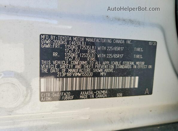 2T3P1RFV8MW155030 2021 TOYOTA RAV4 White Вид наклейки з VIN-кодом