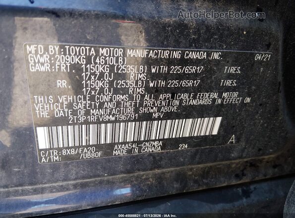 2T3P1RFV8MW196791 2021 TOYOTA RAV4 Dark Blue Vista del compartimento del motor