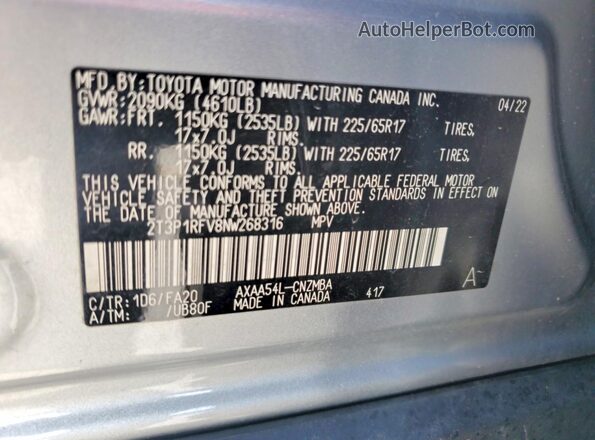 2T3P1RFV8NW268316 2022 TOYOTA RAV4 Silver VIN კოდის სტიკერის ხედი