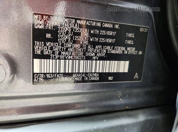 2T3P1RFV9MC190273 2021 TOYOTA RAV4 Gray VIN sticker view