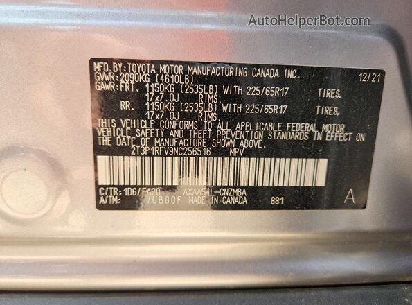 2T3P1RFV9NC256516 2022 TOYOTA RAV4 Silver Widok naklejki z numerem VIN