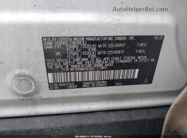 2T3P1RFV9SW609122 2025 TOYOTA RAV4 White Շարժիչի բաժամունքի տեսք