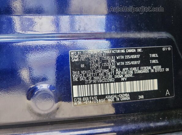 2T3P1RFVXKC032862 2019 TOYOTA RAV4 Blue VIN sticker view
