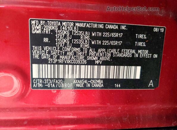 2T3P1RFVXKC039326 2019 TOYOTA RAV4 Red VIN კოდის სტიკერის ხედი
