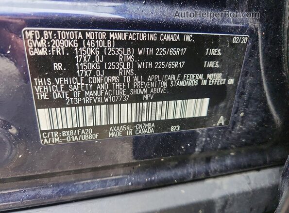2T3P1RFVXLW107737 2020 TOYOTA RAV4 Blue Vista de la etiqueta del VIN