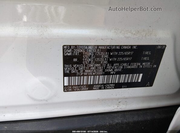 2T3P1RFVXLW130001 2020 TOYOTA RAV4 White Widok komory silnika