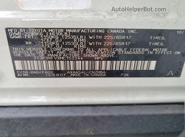 2T3P1RFVXMC152244 2021 TOYOTA RAV4 White Widok naklejki z numerem VIN