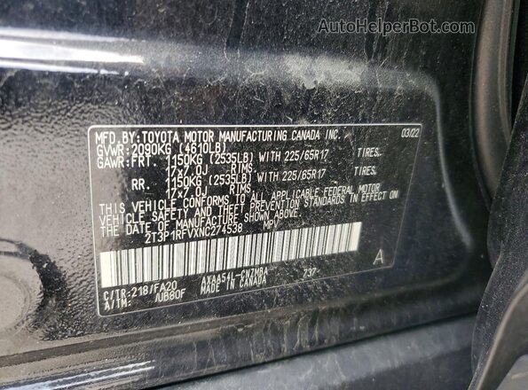 2T3P1RFVXNC274538 2022 TOYOTA RAV4 Black Вид наклейки з VIN-кодом
