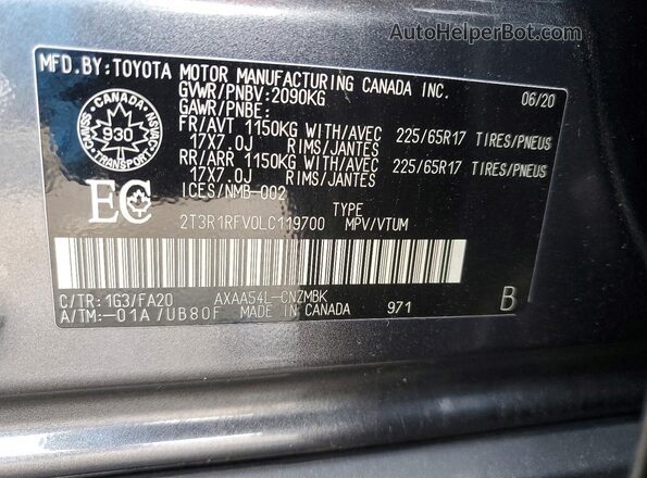 2T3R1RFV0LC119700 2020 TOYOTA RAV4 Gray Панорамний вид салону 360°