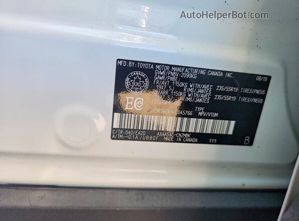 2T3R1RFV1KC045766 2019 TOYOTA RAV4 White Vista del compartimento del motor
