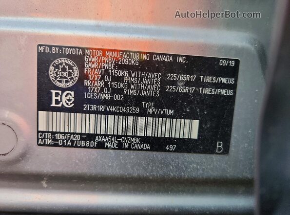 2T3R1RFV4KC049259 2019 TOYOTA RAV4 Silver VIN კოდის სტიკერის ხედი