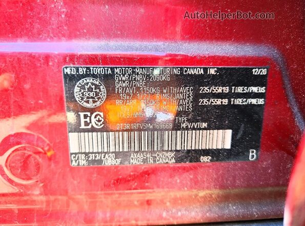 2T3R1RFV5MW169668 2021 TOYOTA RAV4 Red VIN კოდის სტიკერის ხედი