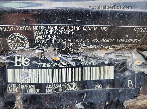 2T3R1RFV7NW250270 2022 TOYOTA RAV4 Black Widok naklejki z numerem VIN