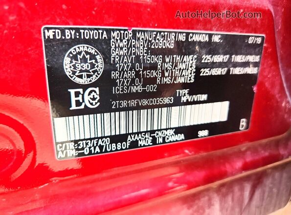 2T3R1RFV8KC035963 2019 TOYOTA RAV4 Maroon Widok wnętrza 360 stopni