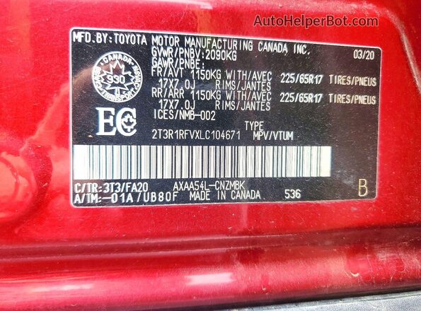 2T3R1RFVXLC104671 2020 TOYOTA RAV4 Burgundy Widok naklejki z numerem VIN