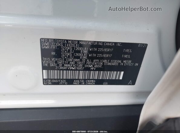 2T3R6RFV9MW016857 2021 TOYOTA RAV4 HYBRID White Engine compartment view