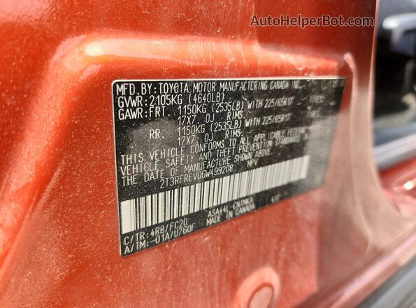 2T3RFREV0GW499208 2016 TOYOTA RAV4 Orange Widok naklejki z numerem VIN