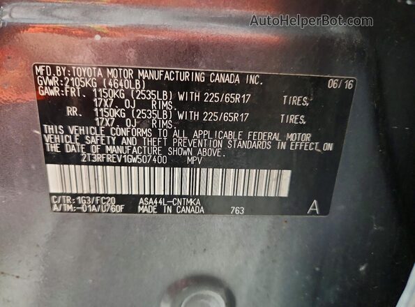 2T3RFREV1GW507400 2016 TOYOTA RAV4 Gray VIN sticker view