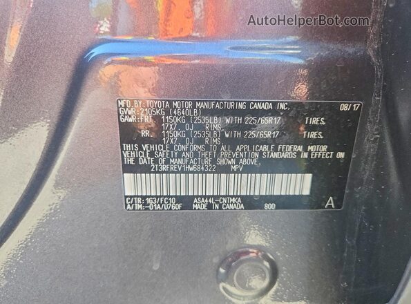 2T3RFREV1HW684322 2017 TOYOTA RAV4 Gray Вид наклейки з VIN-кодом