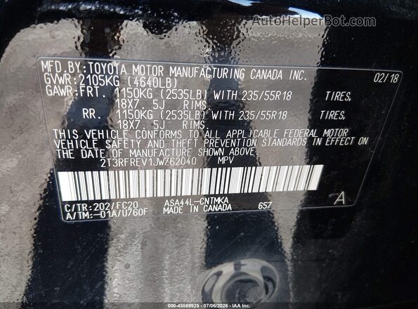 2T3RFREV1JW762040 2018 TOYOTA RAV4 Black Շարժիչի բաժամունքի տեսք