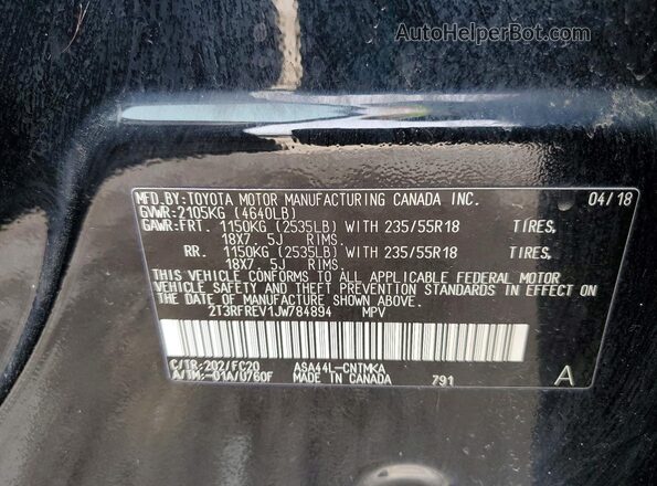 2T3RFREV1JW784894 2018 TOYOTA RAV4 Black VIN կոդի պիտակի տեսք