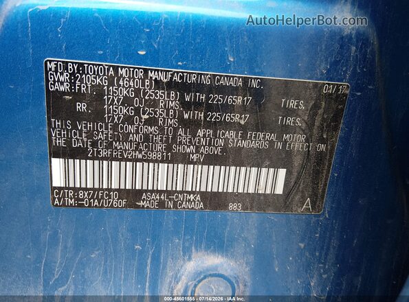2T3RFREV2HW598811 2017 TOYOTA RAV4 Blue Vista del compartimento del motor