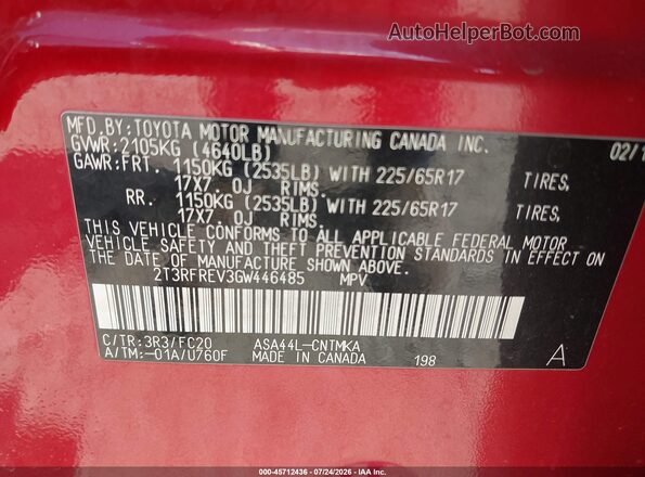 2T3RFREV3GW446485 2016 TOYOTA RAV4 Red Vista del compartimento del motor