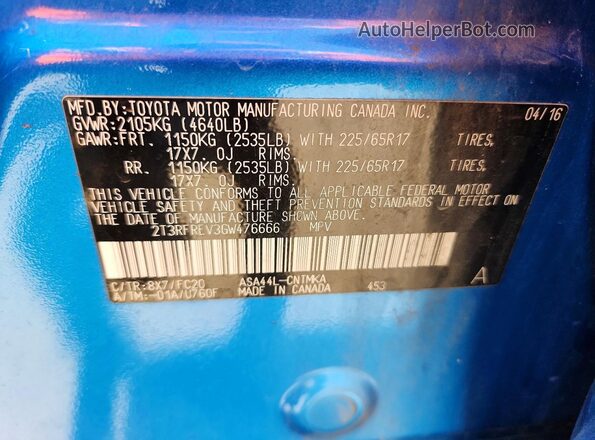 2T3RFREV3GW476666 2016 TOYOTA RAV4 Blue Вид наклейки з VIN-кодом