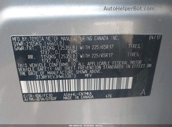 2T3RFREV3HW633873 2017 TOYOTA RAV4 Silver Շարժիչի բաժամունքի տեսք