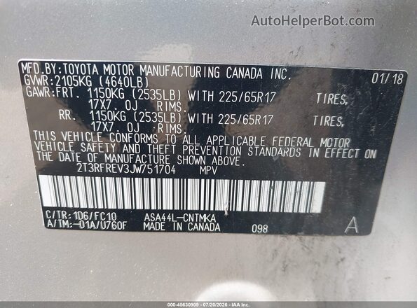 2T3RFREV3JW751704 2018 TOYOTA RAV4 Silver Շարժիչի բաժամունքի տեսք