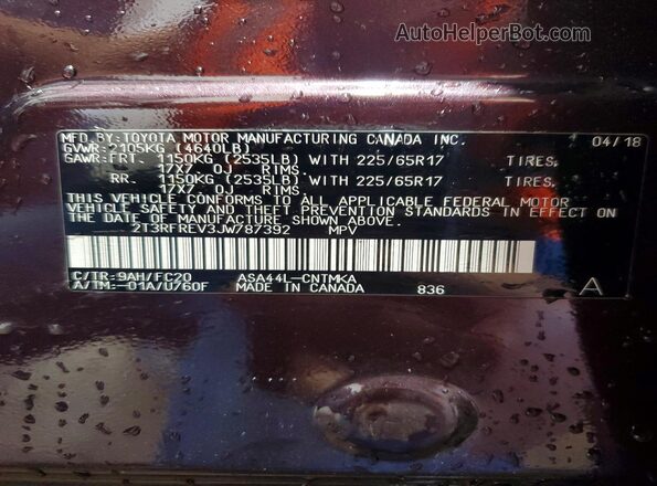 2T3RFREV3JW787392 2018 TOYOTA RAV4 Burgundy Widok naklejki z numerem VIN