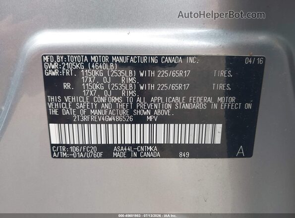 2T3RFREV4GW486526 2016 TOYOTA RAV4 Silver Widok komory silnika