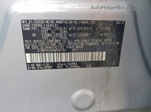 2T3RFREV4HW596784 2017 TOYOTA RAV4 Silver Widok naklejki z numerem VIN