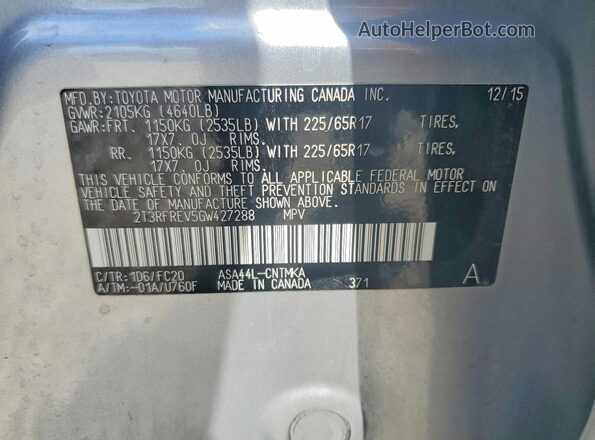 2T3RFREV5GW427288 2016 TOYOTA RAV4 Silver VIN sticker view