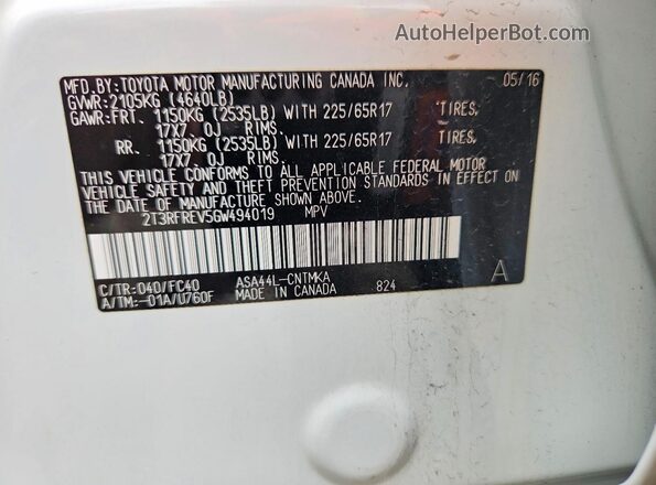 2T3RFREV5GW494019 2016 TOYOTA RAV4 White ძრავის განყოფილების ხედი