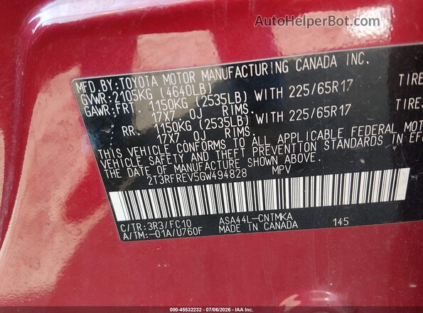 2T3RFREV5GW494828 2016 TOYOTA RAV4 Red Engine compartment view