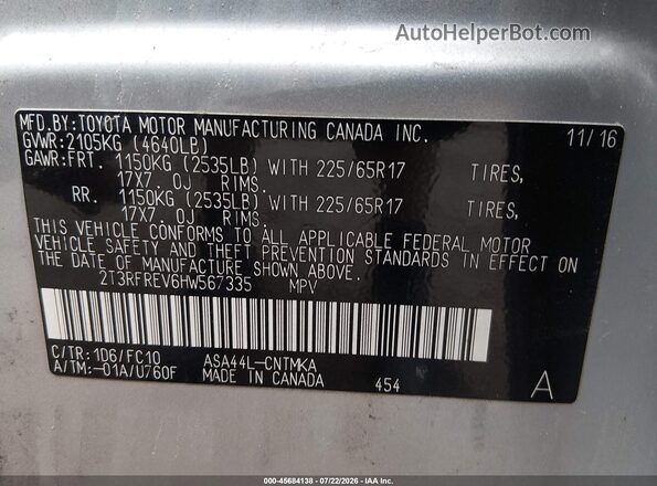 2T3RFREV6HW567335 2017 TOYOTA RAV4 Silver Շարժիչի բաժամունքի տեսք