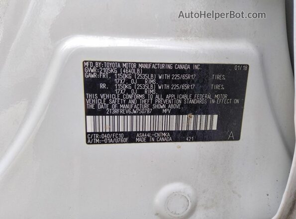 2T3RFREV6JW750787 2018 TOYOTA RAV4 White Widok naklejki z numerem VIN