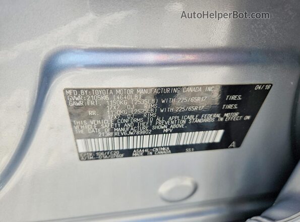 2T3RFREV6JW789802 2018 TOYOTA RAV4 Silver Вид наклейки з VIN-кодом