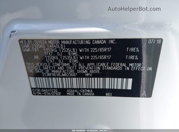 2T3RFREV6JW823687 2018 TOYOTA RAV4 White Widok komory silnika