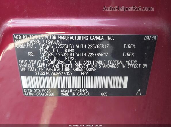 2T3RFREV6JW844152 2018 TOYOTA RAV4 Red Vista del compartimento del motor