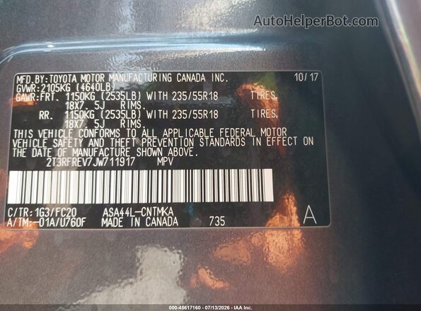 2T3RFREV7JW711917 2018 TOYOTA RAV4 Gray ძრავის განყოფილების ხედი