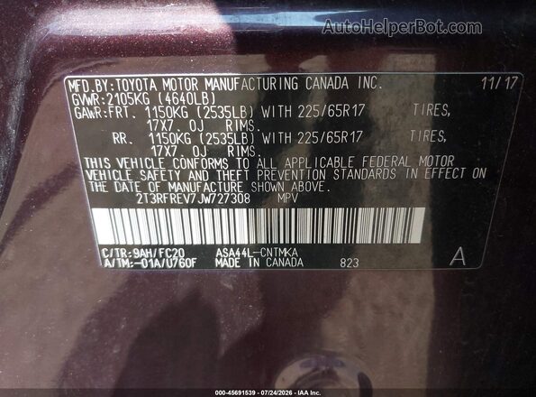 2T3RFREV7JW727308 2018 TOYOTA RAV4 Purple Vista del compartimento del motor