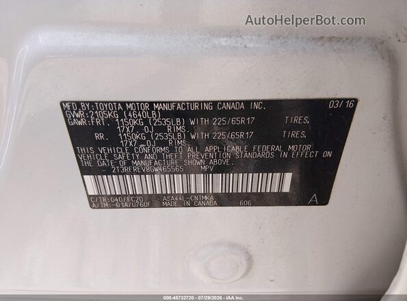 2T3RFREV8GW465565 2016 TOYOTA RAV4 White Widok komory silnika