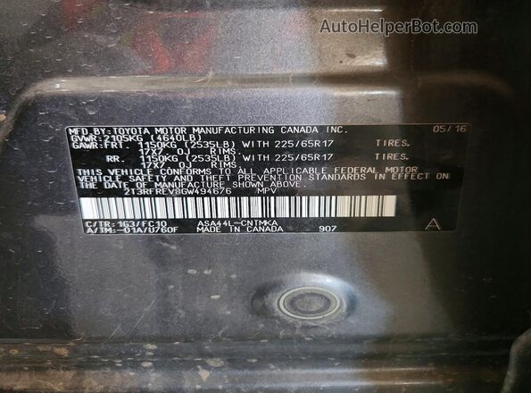 2T3RFREV8GW494676 2016 TOYOTA RAV4 Gray Widok komory silnika