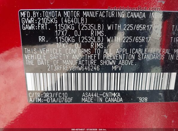 2T3RFREV8HW646246 2017 TOYOTA RAV4 Red Вид підкапотного простору