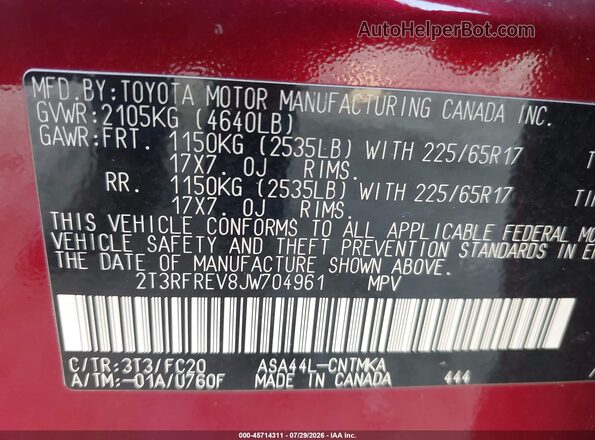 2T3RFREV8JW704961 2018 TOYOTA RAV4 Red Շարժիչի բաժամունքի տեսք