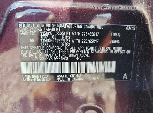 2T3RFREV8JW771608 2018 TOYOTA RAV4 Purple Engine compartment view