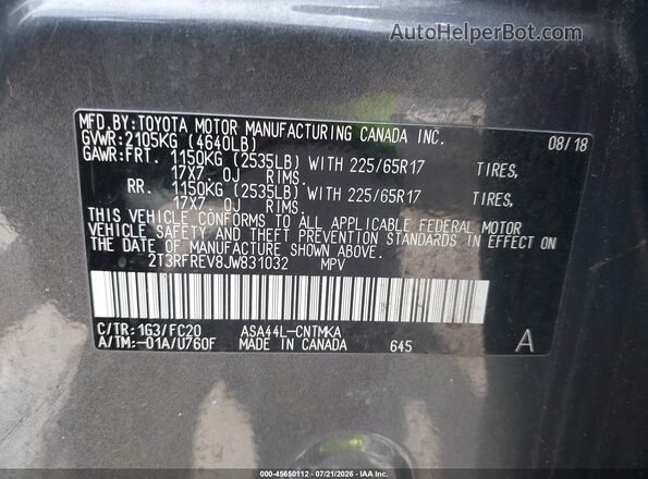 2T3RFREV8JW831032 2018 TOYOTA RAV4 Gray Vista del compartimento del motor