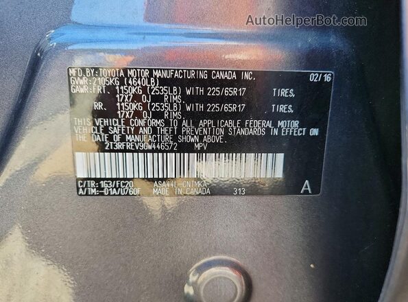 2T3RFREV9GW446572 2016 TOYOTA RAV4 Серый Вид наклейки с VIN-кодом
